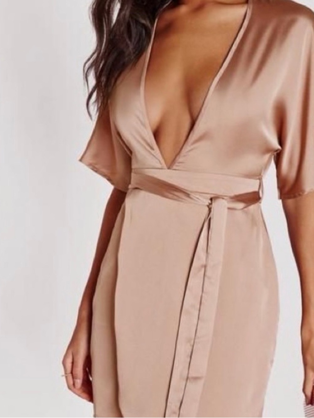 Missguided Satin Plunge Wrap Dress in Champagne